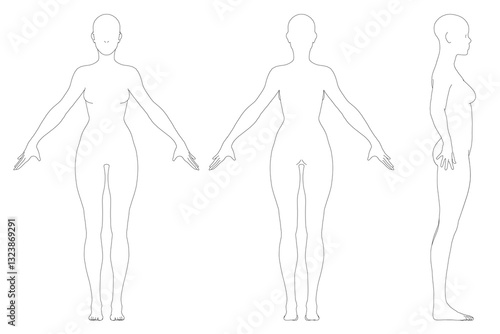 Three figures are shown in a white background. The first figure is standing with her arms crossed, the second figure is standing with her arms outstretched. Front, back. side view