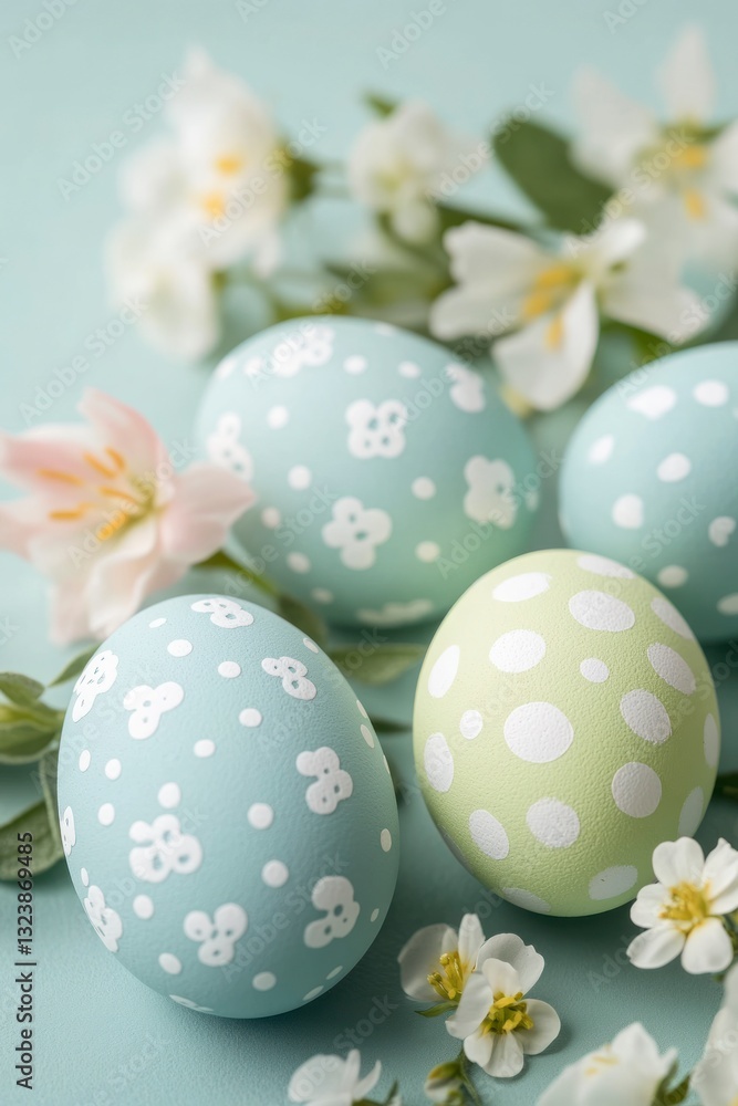 Fototapeta premium Decorated Easter Eggs with Spring Flowers on Pastel Background