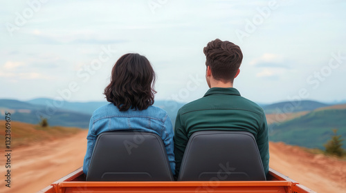 Wallpaper Mural Lifestyle shot of a couple enjoying a road trip, sitting in the back of a truck with an open road and scenic landscapes in the background, 3D render Torontodigital.ca
