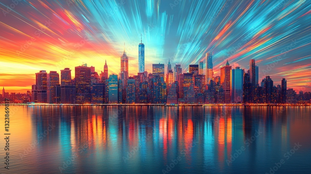 Fototapeta premium A colorful futuristic city skyline reflecting in the water below