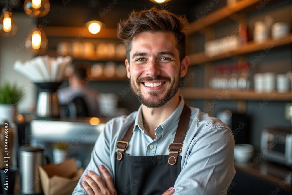A cheerful young barista standing confidently in a modern cafe. Warm lighting A cheerful young barista standing confidently in a modern cafe. Warm lighting
