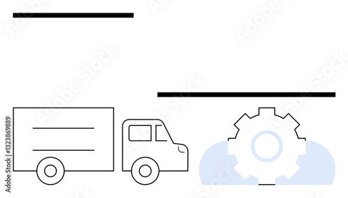 Truck facing gear over cloud, blending logistics and digital processes. Ideal for supply chain, automation, innovation, technology, transport, delivery operations. Flat simple metaphor