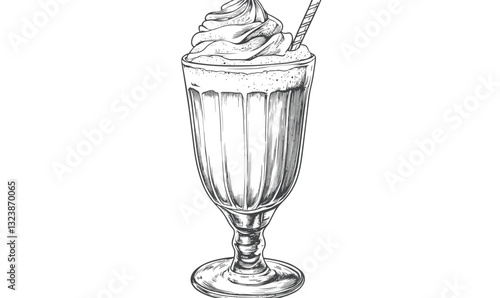 Classic milkshake in tall glass with whipped cream and straw - linear icons set, vector.
