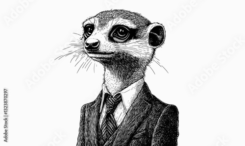 Meerkat in suit with tie, anthropomorphic character art, black and white linear icons set, vector.