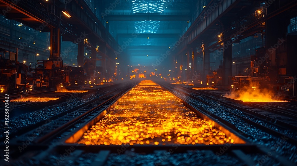 Glowing molten metal flows through an industrial factory, showcasing dynamic machinery and workers Glowing molten metal flows through an industrial factory, showcasing dynamic machinery and workers