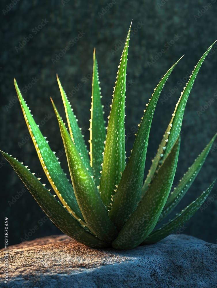 Fototapeta premium Aloe vera plant displaying vibrant green hues and spiky leaf edges