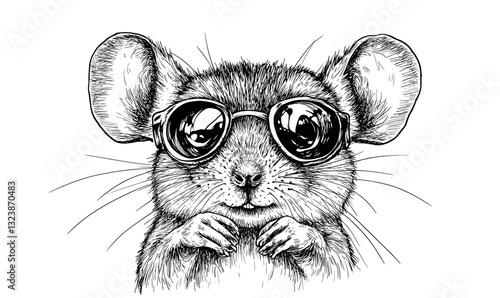 Cute mouse wearing sunglasses in a linear style icons set, vector.