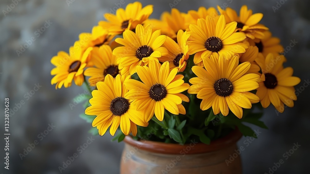 Obraz premium A cheerful bouquet of bright yellow flowers, their cheerful faces turned towards the viewer in a decorative pot, stood against a muted gray backdrop, adding splashes of color and warmth to the scene.
