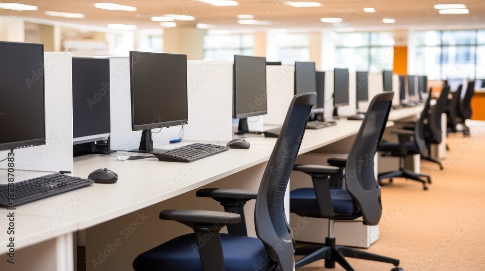 Modern office workspace with multiple computer stations and ergonomic chairs in a bright environment Modern office workspace with multiple computer stations and ergonomic chairs in a bright environment