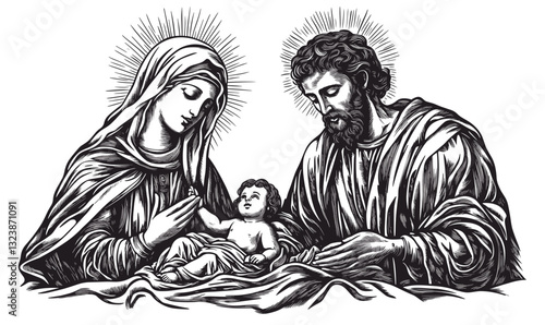 Holy family icons set - jesus, mary, joseph in linear style, religious artwork vector.