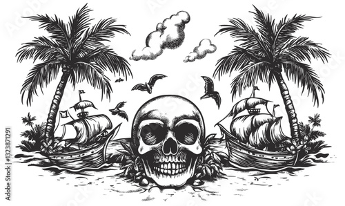 Pirate adventure icons set with skull and ships under palm trees, flat vector.