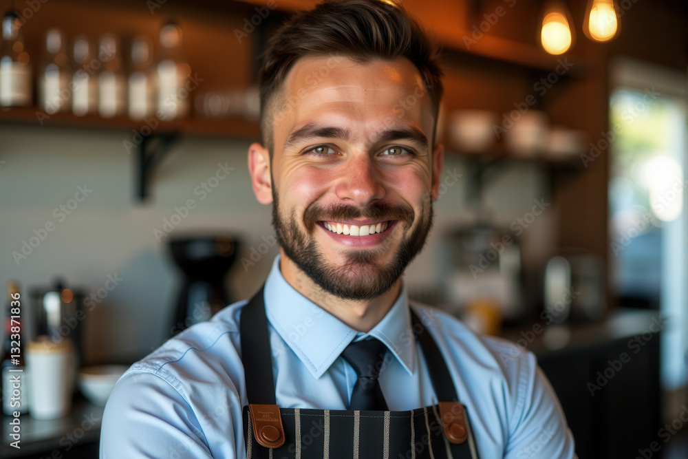 A cheerful young barista standing confidently in a modern cafe. Warm lighting A cheerful young barista standing confidently in a modern cafe. Warm lighting