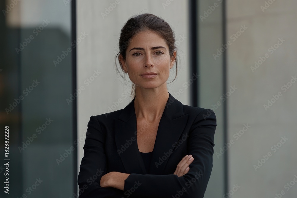 An elegant businesswoman with her arms crossed, standing outside a modern office. An elegant businesswoman with her arms crossed, standing outside a modern office.