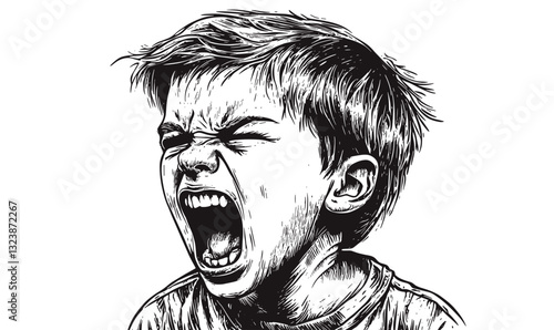 Screaming child portrait in black and white - linear vector, icons set.