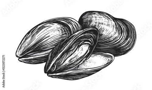 Clams and mussels sketch vector, flat icons set.