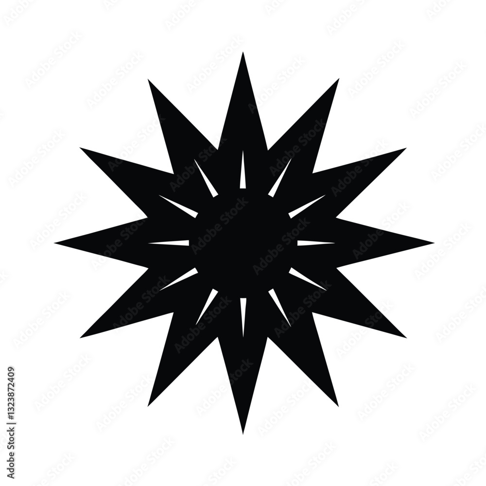 Fototapeta premium Black Starburst, Sharp Points, Geometric, Symmetrical, Sunburst Design, Abstract, Simple, Icon, Grip