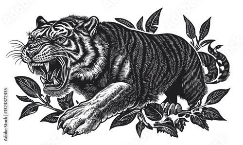 Roaring tiger among leaves, black and white, linear style, icons set, vector.