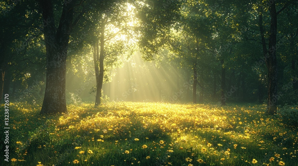 Sunbeams illuminating a field of yellow wildflowers in a lush green forest. Sunbeams illuminating a field of yellow wildflowers in a lush green forest.