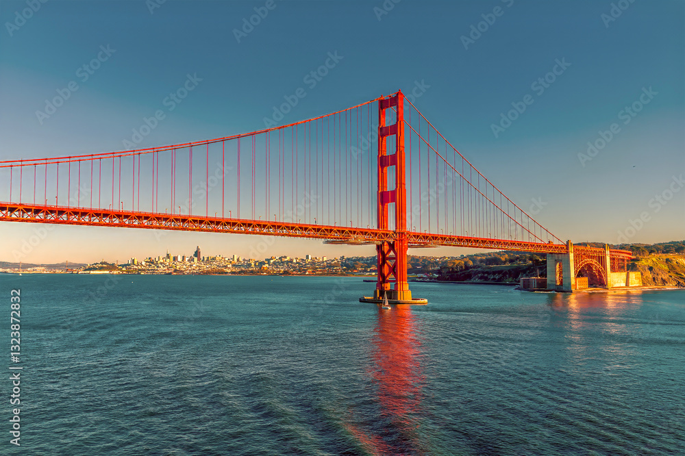 Obraz premium A view at sunset towards the southern side of the Golden Gate bridge in San Francisco in early springtime