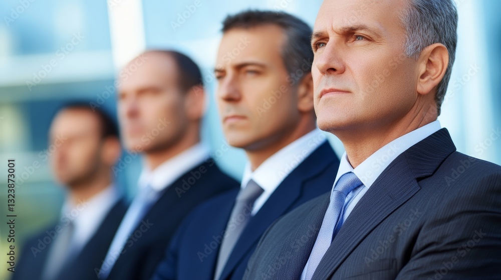 Group of business professionals in suits standing confidently outdoors against a modern building Group of business professionals in suits standing confidently outdoors against a modern building
