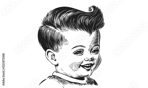 Retro styled child portrait with vintage hair in monochrome vector, linear icons set.