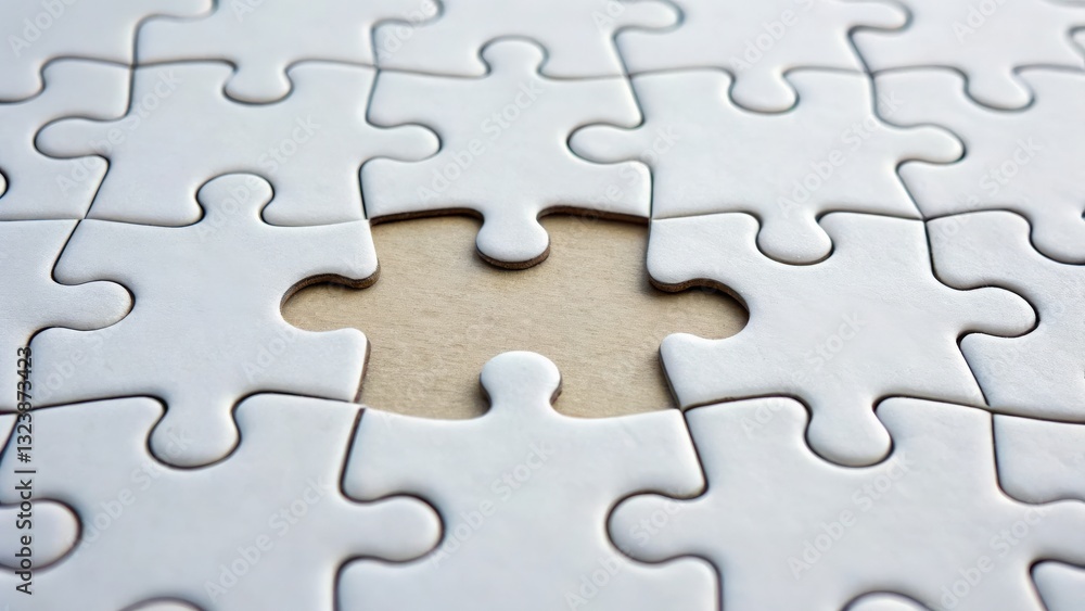 impact effect economic concept. Empty puzzle piece surrounded by completed sections on a light background. impact effect economic concept. Empty puzzle piece surrounded by completed sections on a light background.