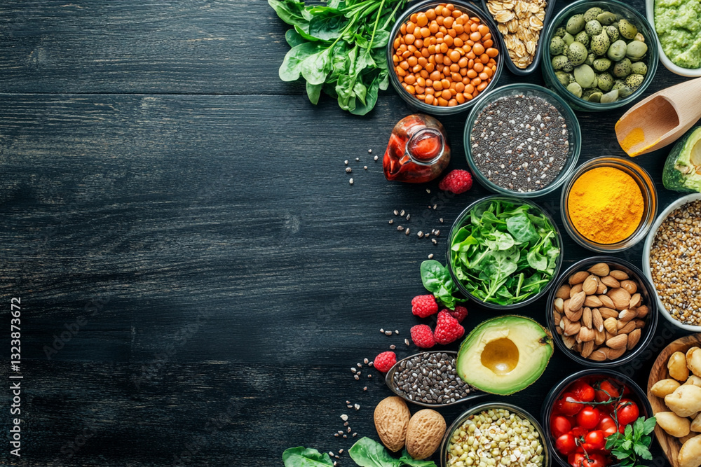 Many different healthy foods on black wooden table, flat lay. Space for text Many different healthy foods on black wooden table, flat lay. Space for text