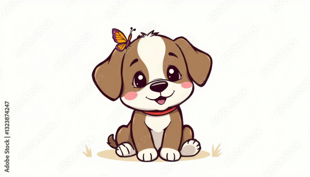Cute cartoon puppy with a butterfly sitting on its head against a light background
Cute cartoon puppy with a butterfly sitting on its head against a light background