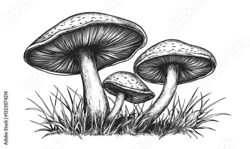 Mushroom trio in grass vector – detailed linear icons set.