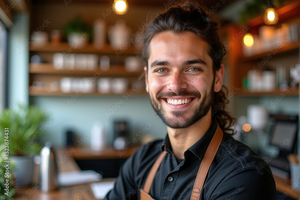 A cheerful young barista standing confidently in a modern cafe. Warm lighting A cheerful young barista standing confidently in a modern cafe. Warm lighting