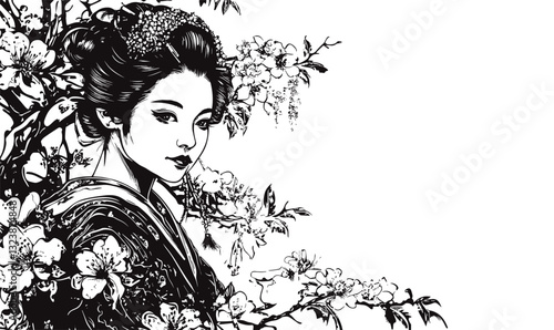Elegant geisha surrounded by cherry blossoms, black and white art, linear style, icons set, vector.