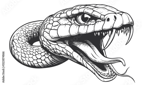Serpent head with fangs and scales in flat style, icons set, vector.
