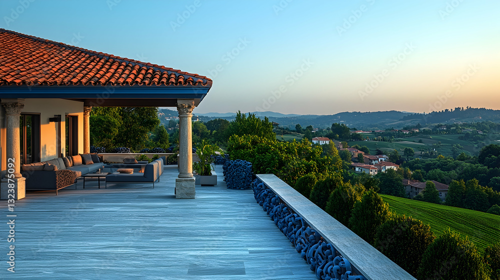 Fototapeta premium Luxurious outdoor patio overlooking scenic hills