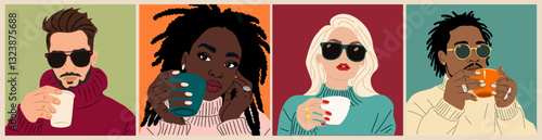 Set of different people, men and women holding cups, mugs with coffee or tea. Modern flat vector illustrations isolated on colorful backgrounds.