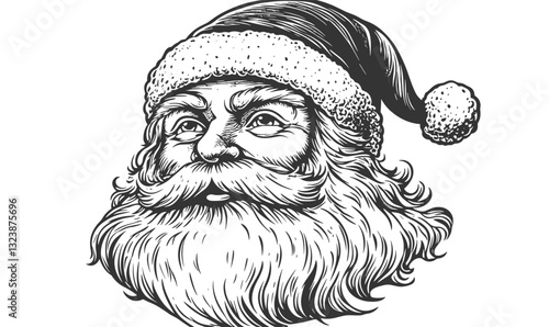 Santa claus head illustration with hat and beard, vintage style, black and white vector, linear icons set.
