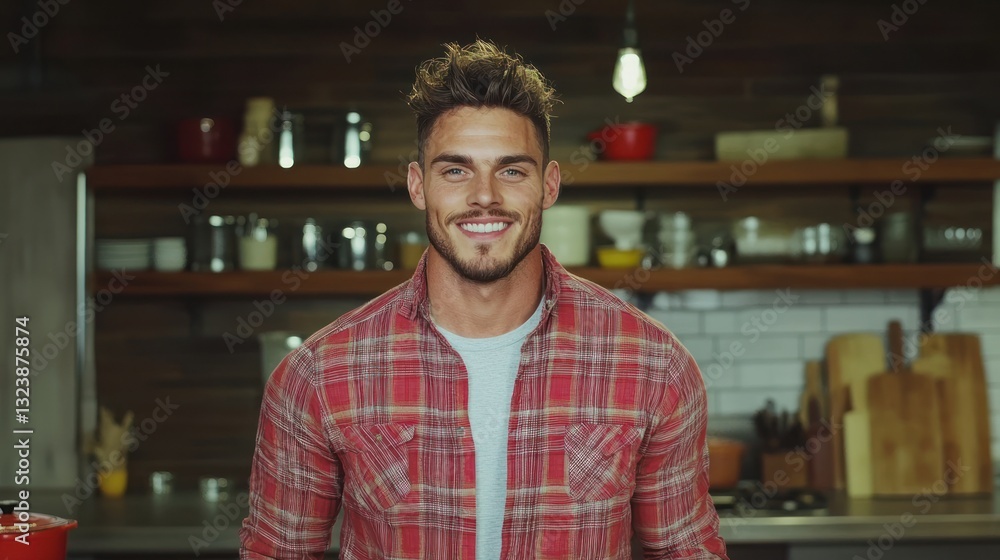 Fototapeta premium Smiling Handsome Man in Rustic Kitchen