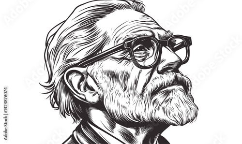 Elderly man with glasses looking up, linear style icons set vector.