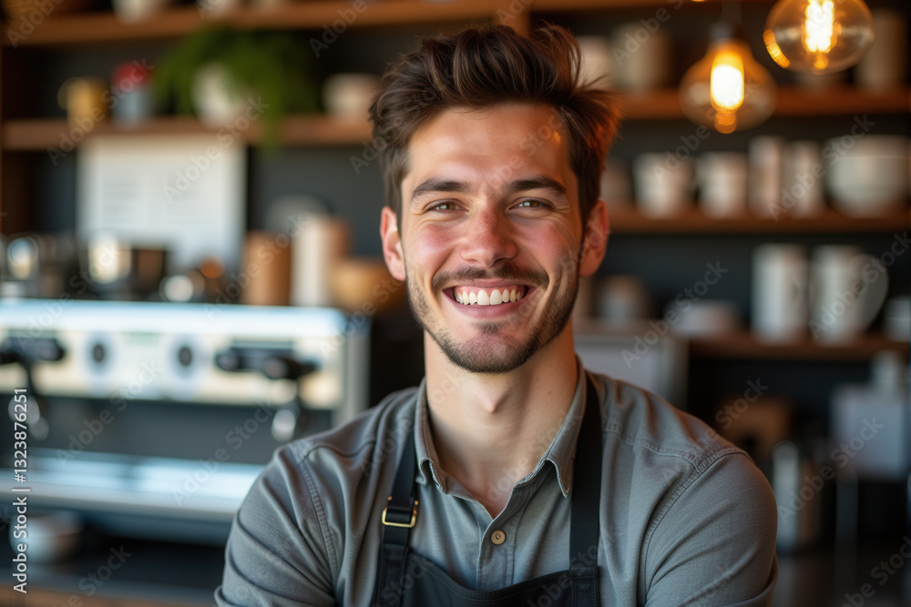A cheerful young barista standing confidently in a modern cafe. Warm lighting A cheerful young barista standing confidently in a modern cafe. Warm lighting