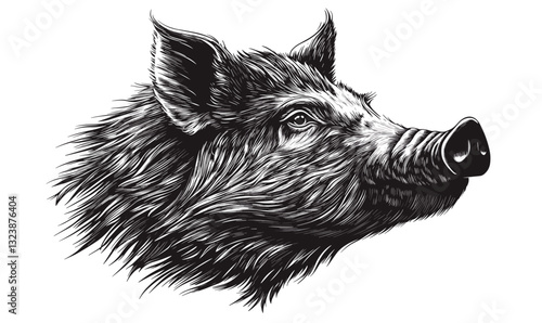 Wild boar head detailed illustration, vector, linear style, icons set.