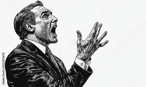 Excited businessman yelling in suit with gesturing hands vector, linear icons set.