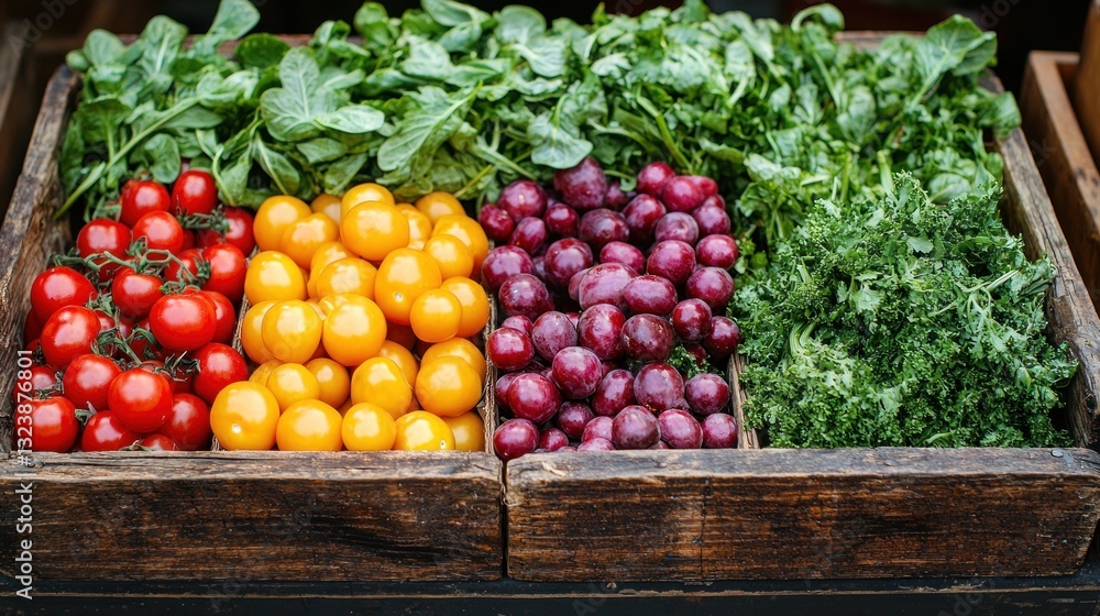 Fresh produce in wooden crate red and yellow cherry tomatoes, plums, and leafy greens. Fresh produce in wooden crate red and yellow cherry tomatoes, plums, and leafy greens.