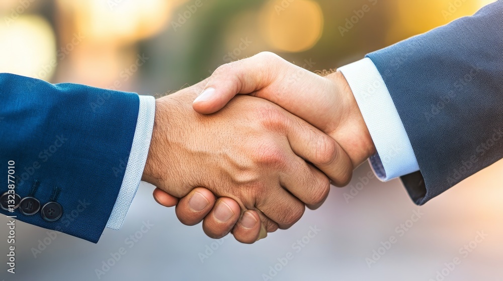 Two business professionals shaking hands in a cityscape with a blurred background Two business professionals shaking hands in a cityscape with a blurred background