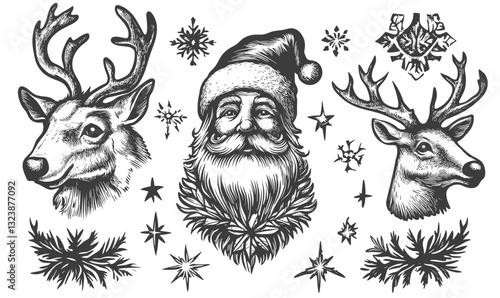 Christmas icons set with santa and reindeer in flat linear vector style.