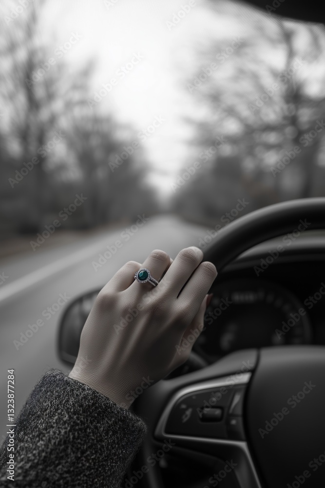A hand with an emerald ring grips a car steering wheel, while driving down a blurred road on a cloudy day. A hand with an emerald ring grips a car steering wheel, while driving down a blurred road on a cloudy day.