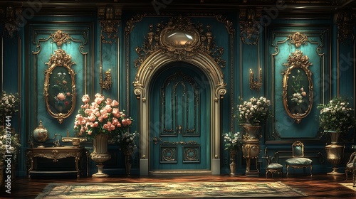 Wallpaper Mural Opulent Teal Room Interior with Gilded Accents Ornate Door and Floral Arrangements Torontodigital.ca