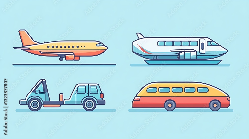Icons representing different modes of travel: plane, train, car, and boat. Icons representing different modes of travel: plane, train, car, and boat.