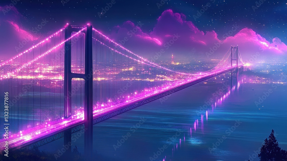 Obraz premium A luminous pink bridge spans across the calm waters at night