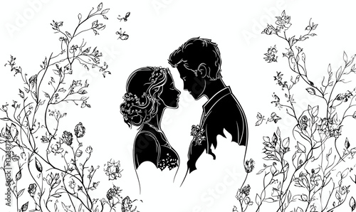 Romantic couple outline with floral borders, flat icons set, vector.