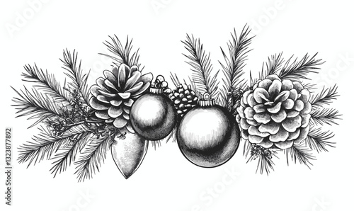 Christmas pinecones and ornaments garland linear icons set - vector style.