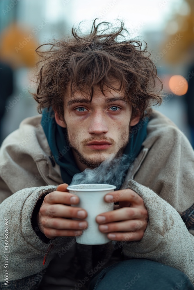 In a busy park, a young homeless man with messy hair sits on a bench, gripping a steaming cup tightly. His worn clothes and hollow cheeks reflect his struggles, highlighting a deeper story In a busy park, a young homeless man with messy hair sits on a bench, gripping a steaming cup tightly. His worn clothes and hollow cheeks reflect his struggles, highlighting a deeper story